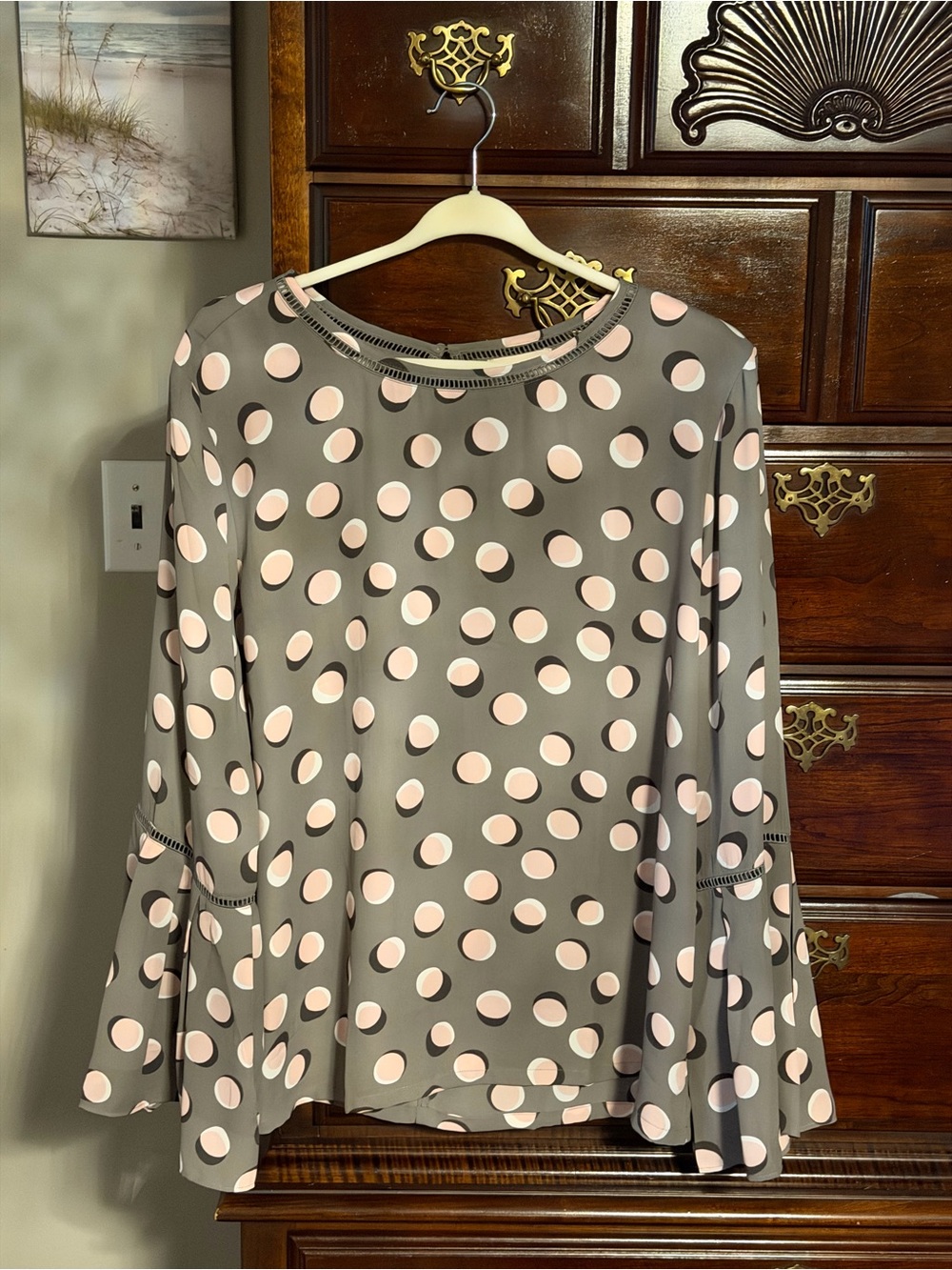 LOFT Gray Dress with Pink Polka Dots and Bell Sleeves